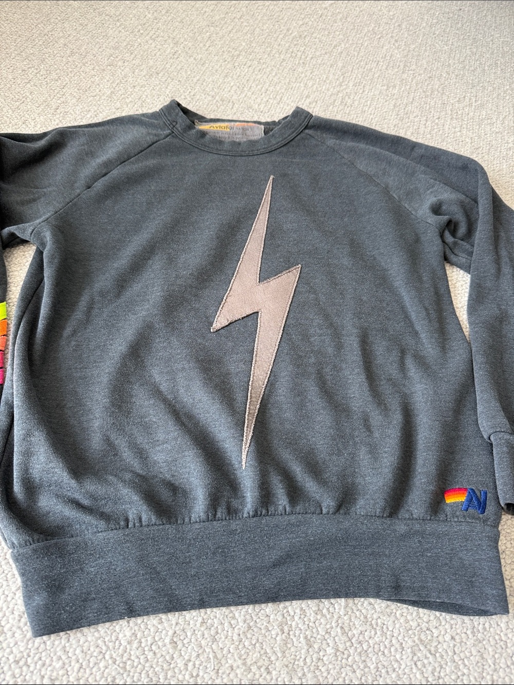 Aviator Nation Charcoal Lightning Bolt Neon Stripe Crew Sweatshirt size XS - Picture 4 of 10